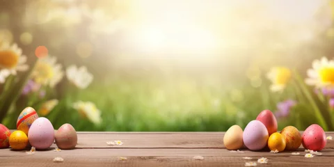 Fototapeten Wooden table with easter eggs and blurred spring meadow background © red_orange_stock