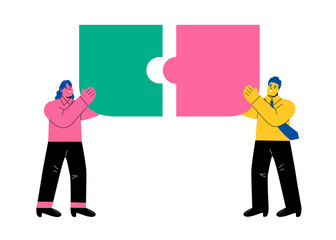 Business teamwork together people connect puzzle elements. Flat vector illustration isolated on white background