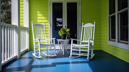 The hospitable front porch of an American house, complete with rocking chairs