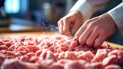 A skilled hand butcher expertly slicing and preparing meat at the butcher store