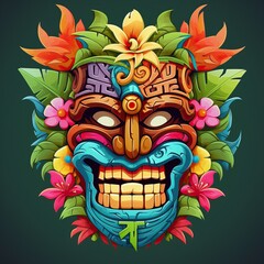 Tiki Face Stylized over a Tropical Background.