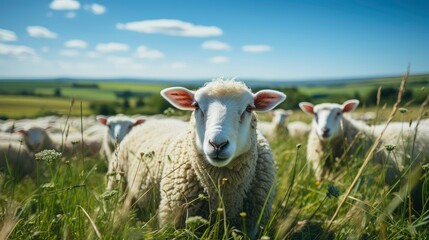 Fototapeta premium Sheep farm with green grass and clear sky