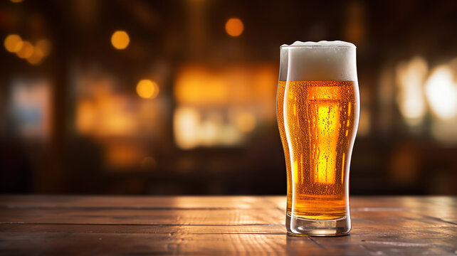 A pint of beer resting on a table against a rustic, blurred backdrop