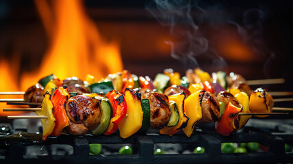 Colorful veggie skewers cooking on an open flame with a blurred background
