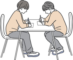 友達と一緒に勉強をする男子生徒のイラスト素材