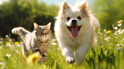 couple of friends a cat and a dog run merrily through a summer flowering meadow.