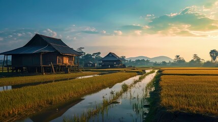 Fototapeta premium Rice field morning with a hut