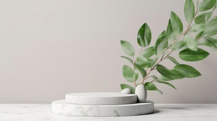 Minimal modern product display on light gray background with leaves, copy space. Generative AI