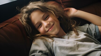 Smiling little young girl enjoying day off lying on the couch. healthy life style, good vibes and new home concept. generative AI - obrazy, fototapety, plakaty
