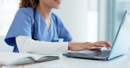 Doctor, woman hands and laptop for healthcare planning, hospital research and schedule management online. Happy nurse or medical worker typing on computer for clinic data, internship and telehealth