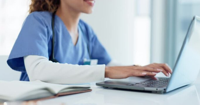 Doctor, woman hands and laptop for healthcare planning, hospital research and schedule management online. Happy nurse or medical worker typing on computer for clinic data, internship and telehealth