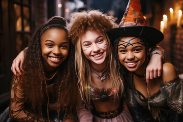 Happy multicultural girls smiling on Halloween party, young multiethnic women in carnival costumes with witch hats on mystical dark background