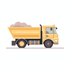 Dump truck, 2D, simple, flat vector, cute cartoon, illustration, heavy machinery, child-friendly, educational materials, whimsical graphics, charming design, lovable, playful.