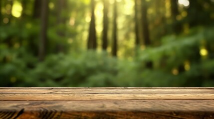 Wooden desk with forest background. Copy space. Space for text