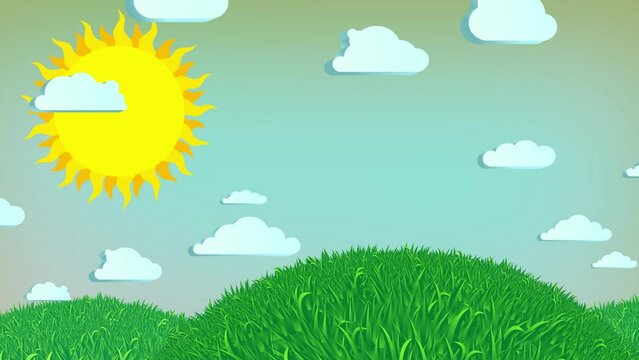 Landscape sunny empty for spotty 4 cow character pasture. Seamless cute grass mountain with sky sun and clouds. Cute useful animation.