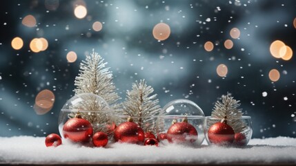 Naklejka na ściany i meble Beautiful Christmas snowy background Christmas tree decorated with red balls