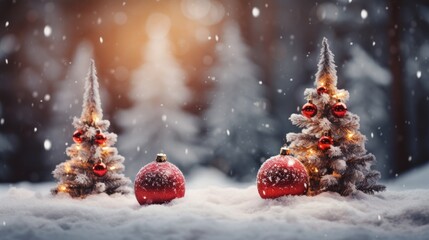 Beautiful Christmas snowy background Christmas tree decorated with red balls