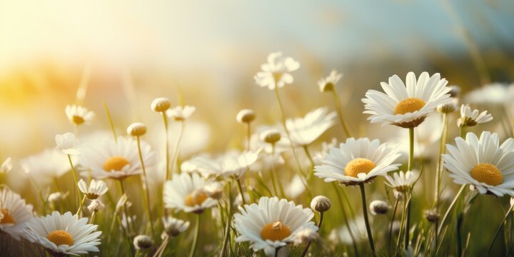Beautiful summer nature background with yellow-white daisies. Clover and dandelion in the grass