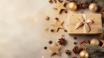 Fototapeta na wymiar Christmas on a light gold background with a beautiful golden gift box with red ribbon, fir branches, cones, stars, and Christmas cookies.