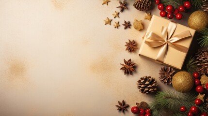 Christmas on a light gold background with a beautiful golden gift box with red ribbon, fir branches, cones, stars, and Christmas cookies.