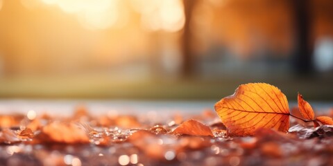 Abstract autumn background with colorful orange leaves and blurred background.