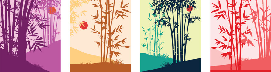 A set of poster of Bamboo Forest, park, alley. Landscape of isolated bamboo trees. A natural poster design template with bamboo trees of several colors.