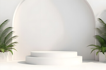 Fototapeta premium 3D podium minimal mock up showcase with tropical plants palm trees, Presentation cosmetic products branding, Empty stage platform identity and packaging design, ai generate