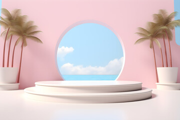 Obraz premium 3D podium minimal mock up showcase with tropical plants palm trees, Presentation cosmetic products branding, Empty stage platform identity and packaging design, ai generate