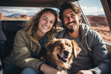 road trip smiling couple with dog