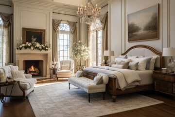 Elegant French Provincial Bedroom Interior with Antique Furniture, Soft Lighting, and Vintage Accents