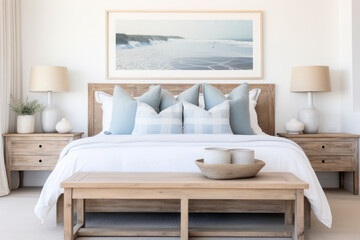 Fototapeta na wymiar A Serene Coastal Haven: A Bedroom Interior with Beachy Accents, Featuring Rustic Wood Furniture, Soft Natural Light, and Nautical Decor