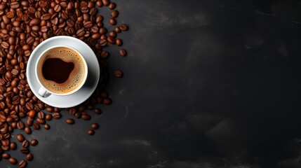 Top view of a cup containing coffee and coffee beans beside it with a dark background