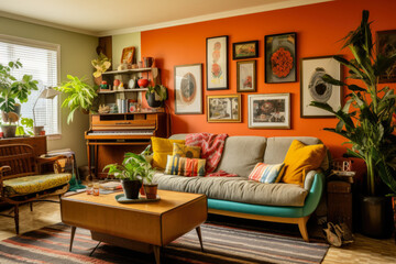 Step back in time with this charming retro style living room interior adorned with vibrant colors and vintage decor