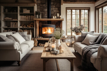Fototapeta na wymiar A Cozy Scandinavian Farmhouse Living Room with Rustic Charm and Modern Elegance