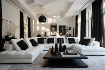 Fototapeta premium A Stunning Contemporary Living Room Interior in a Chic White and Black Color Scheme