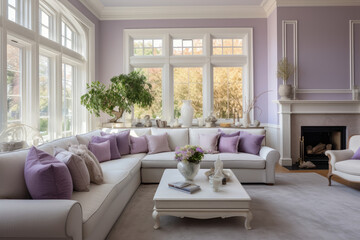 A Cozy and Elegant Living Room Interior in Beautiful Shades of Purple and Lavender