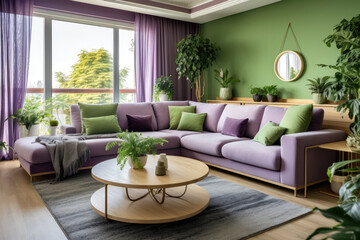 A Vibrant and Cozy Living Room Interior in Green and Purple Colors, Perfect for Relaxing and Entertaining
