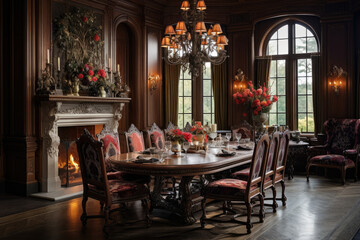 Fototapeta na wymiar A Luxurious Dining Room Interior in Traditional English Style with Dark Wood Furniture and Classic Patterns
