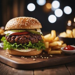 fries and hamburger on the table