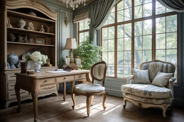 Elegant Office Interior in French Country Style with Rustic Charm and Vintage Accents