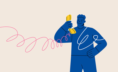 Man holding old classic analog phone handling. Colorful vector illustration