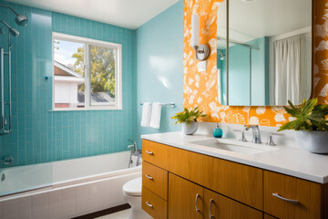 Mid-Century Modern Bathroom with Retro Wallpaper and Atomic Era Fixtures