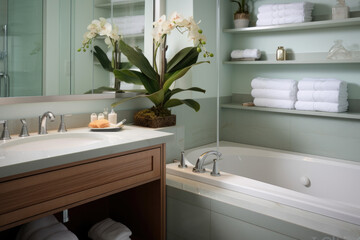 Tranquil Oasis: A Serene Bathroom Interior with Invigorating Sage Accents, Exuding Refreshing Elegance and Calm