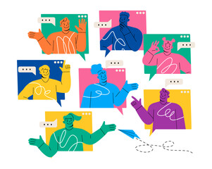 Online remote video conference call. Colleagues team. Colorful vector illustration