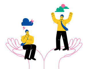 Business man in good and bad mood. Business concept. Flat vector illustration isolated on white background