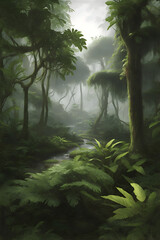 Rainforest with lots of trees and branches and dew, super detailed fogy environment
