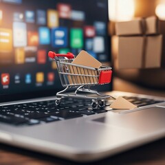 On a laptop keyboard, there are cardboard pieces or parcels with a shopping cart. It offers online shopping services and home delivery through the web