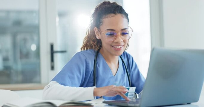 Doctor, laptop and happy woman typing online medical study, hospital report or healthcare research. Communication, computer or surgeon smile for medicine innovation, project or telehealth development