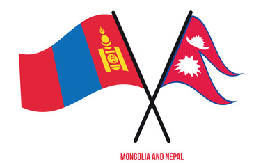 Mongolia and Nepal Flags Crossed And Waving Flat Style. Official Proportion. Correct Colors.