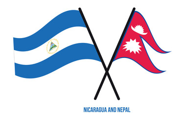 Nicaragua and Nepal Flags Crossed And Waving Flat Style. Official Proportion. Correct Colors.